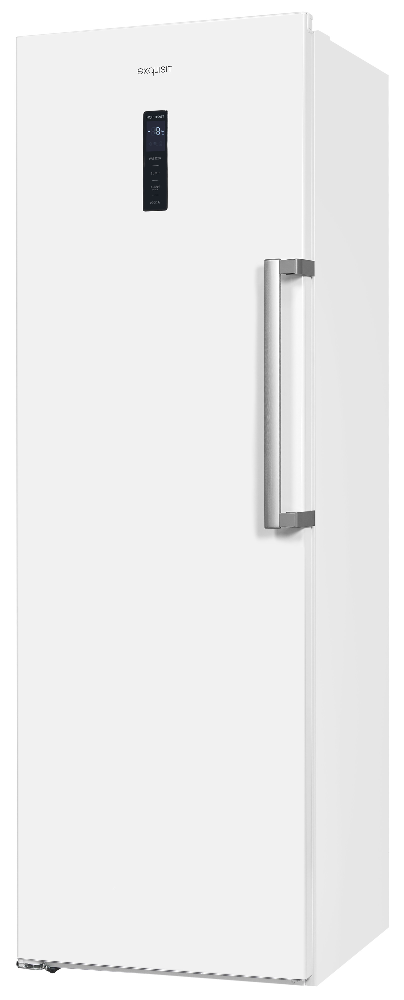 Ein weißer Kühlschrank mit silbernem Griff und schwarzem Display.
