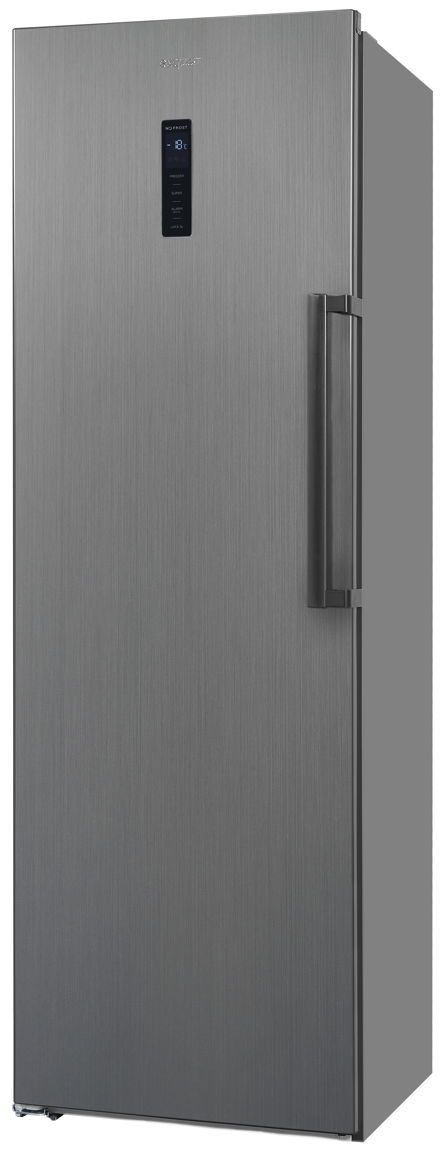 Ein hoher, silberner Kühlschrank mit Griff und digitaler Anzeige.