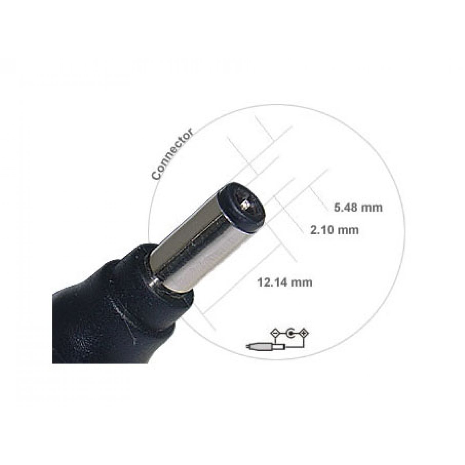 Primer plano de un conector de alimentación CC negro con dimensiones en círculo.