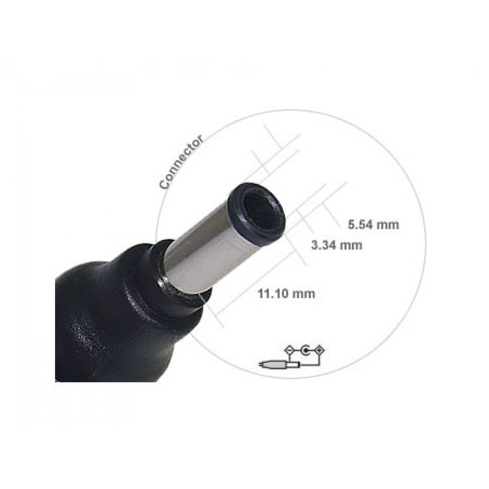 Primer plano de un conector negro y plateado con medidas, fondo blanco.