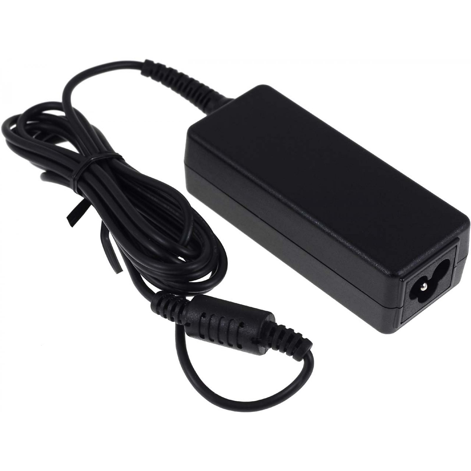 Cargador de portátil negro con cable negro.