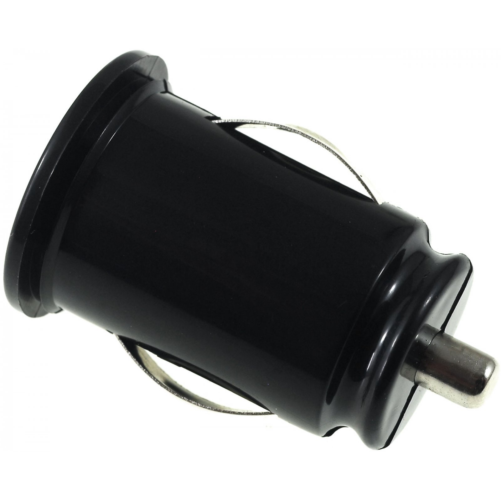 Adaptador de encendedor de cigarrillos negro. Forma cilíndrica metálica.