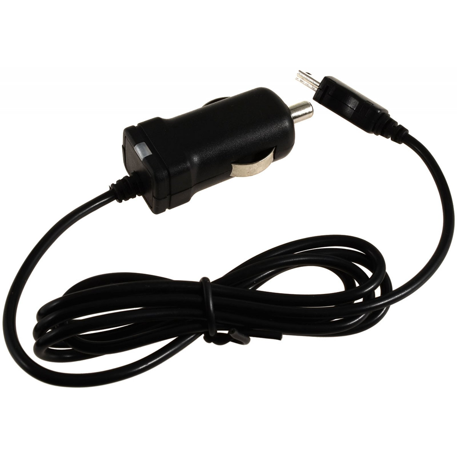 Cargador de coche negro con un cable adjunto. El extremo del cable tiene un conector.