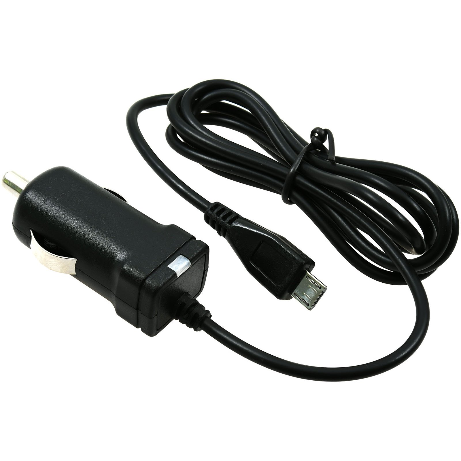 Cargador de coche negro con cable USB y conector micro-USB.