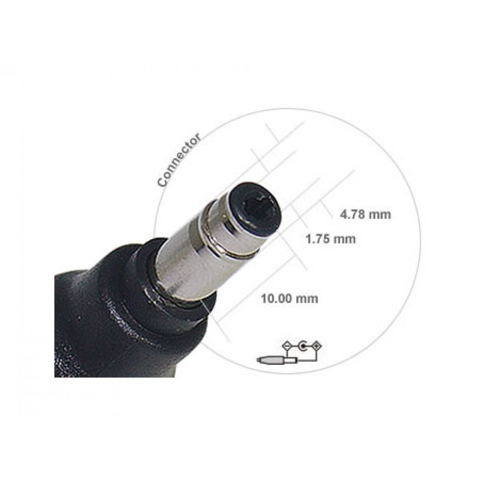 Primer plano de un conector de adaptador de corriente para portátil negro. Muestra dimensiones en milímetros y un diagrama.