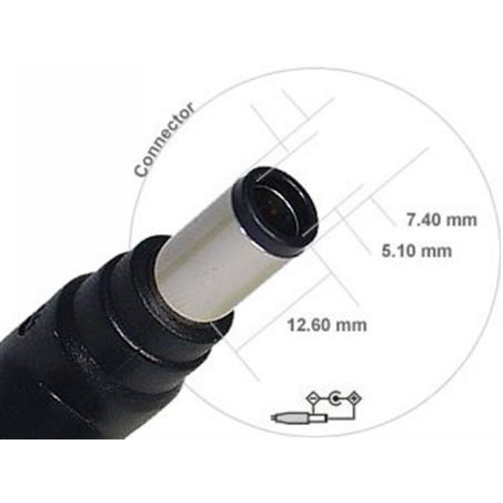 Primer plano de un conector, mostrando dimensiones: 7.40mm, 5.10mm, 12.60mm.