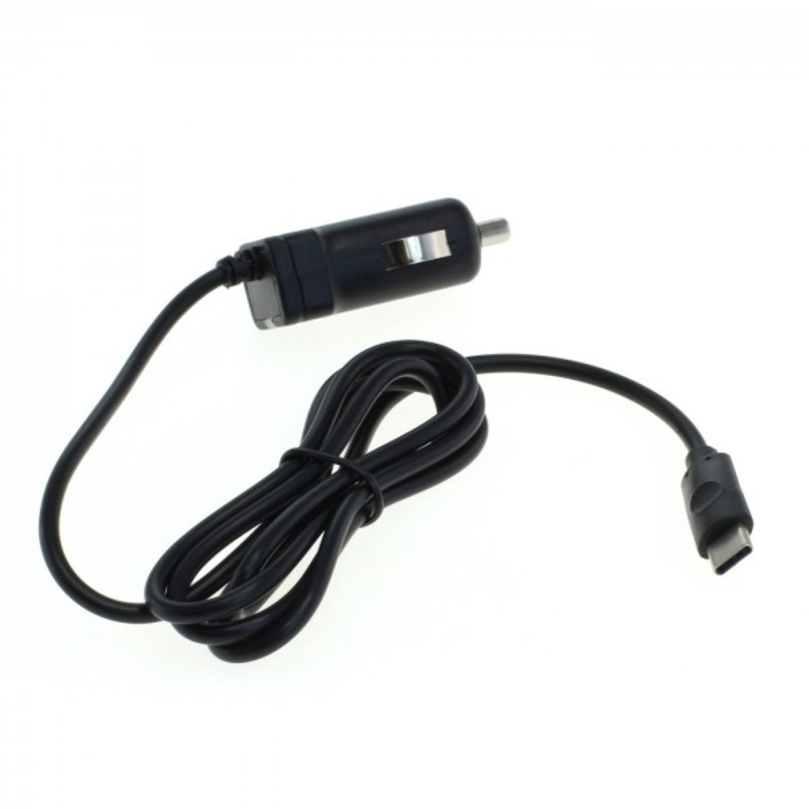 Cable cargador para coche negro con conector USB-C. Fondo blanco.