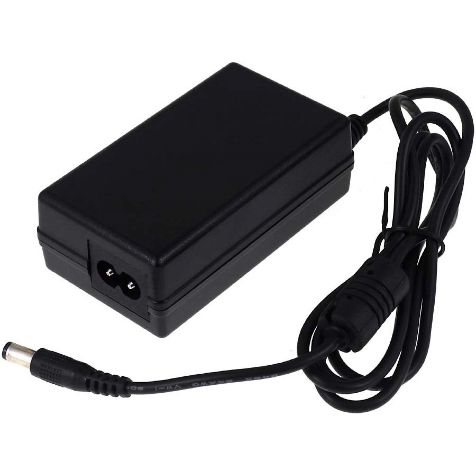 Un adaptador de corriente negro con cable de alimentación y conector CC.