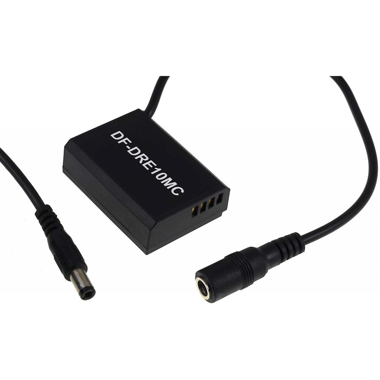 Un dispositivo rectangular negro con un cable negro y un conector de alimentación de CC hembra.