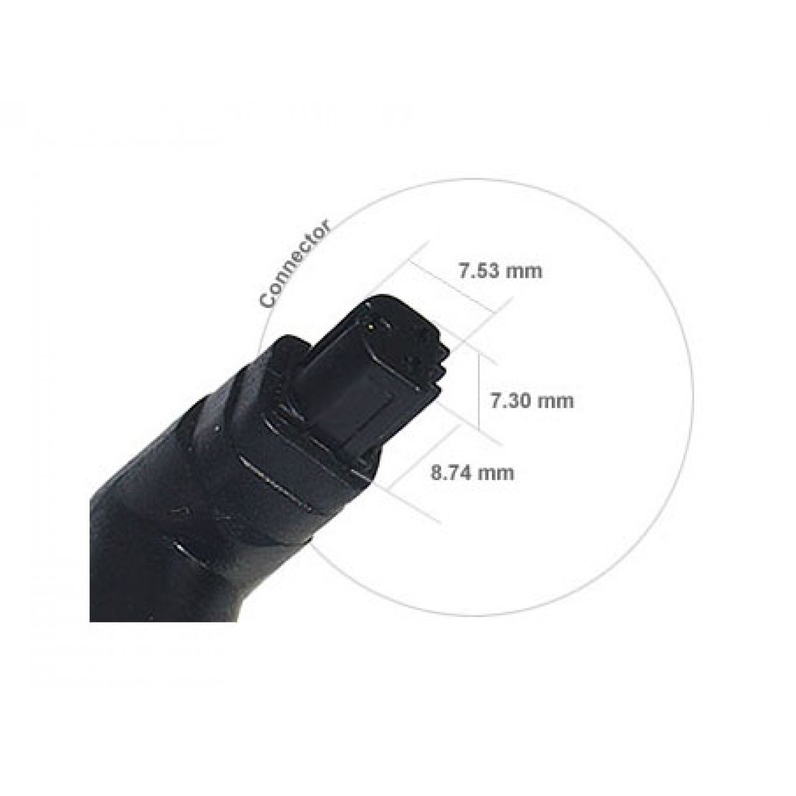 Conector negro con mediciones. Está sobre un fondo blanco, con un círculo alrededor.