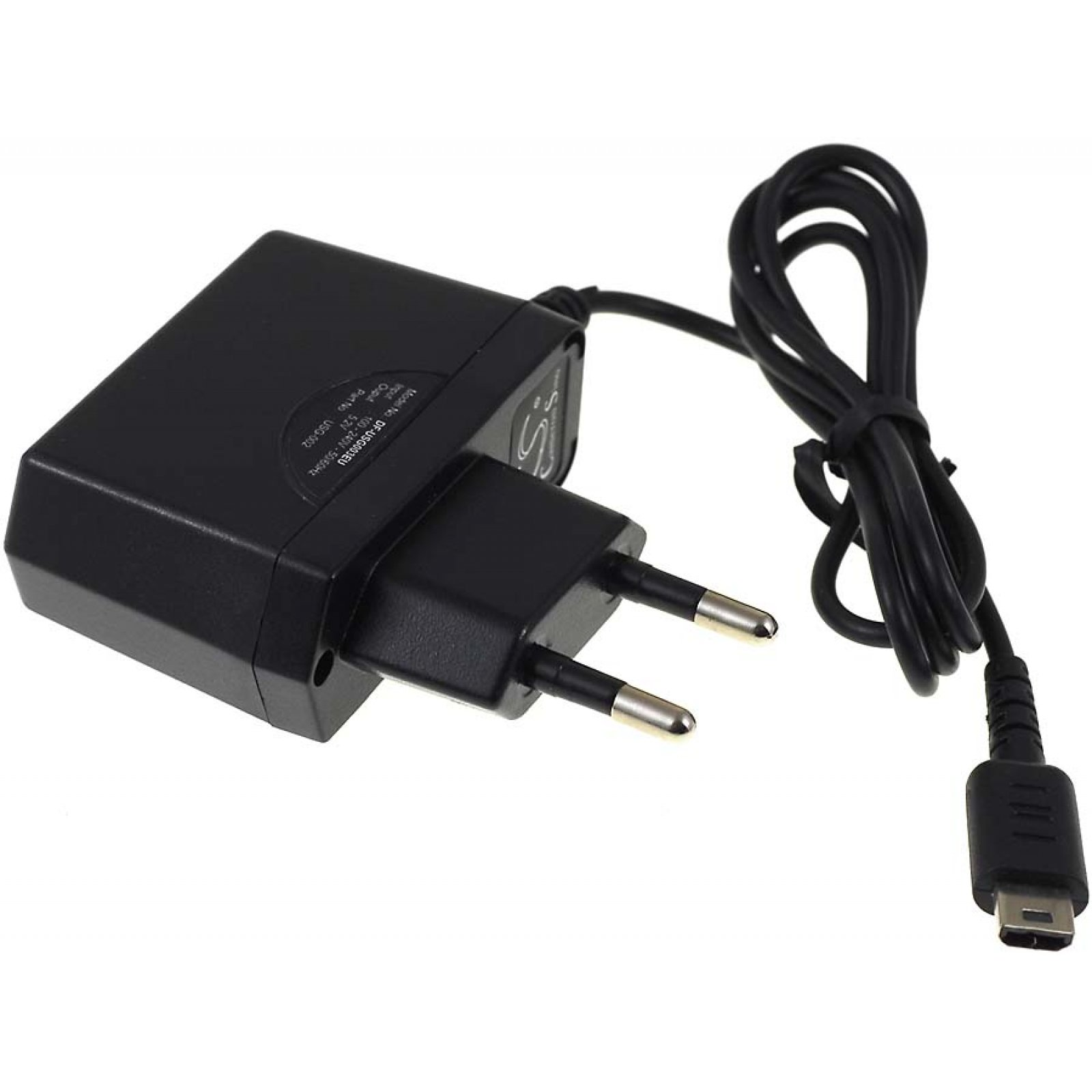Cargador de teléfono negro con cable USB y enchufe de dos clavijas.