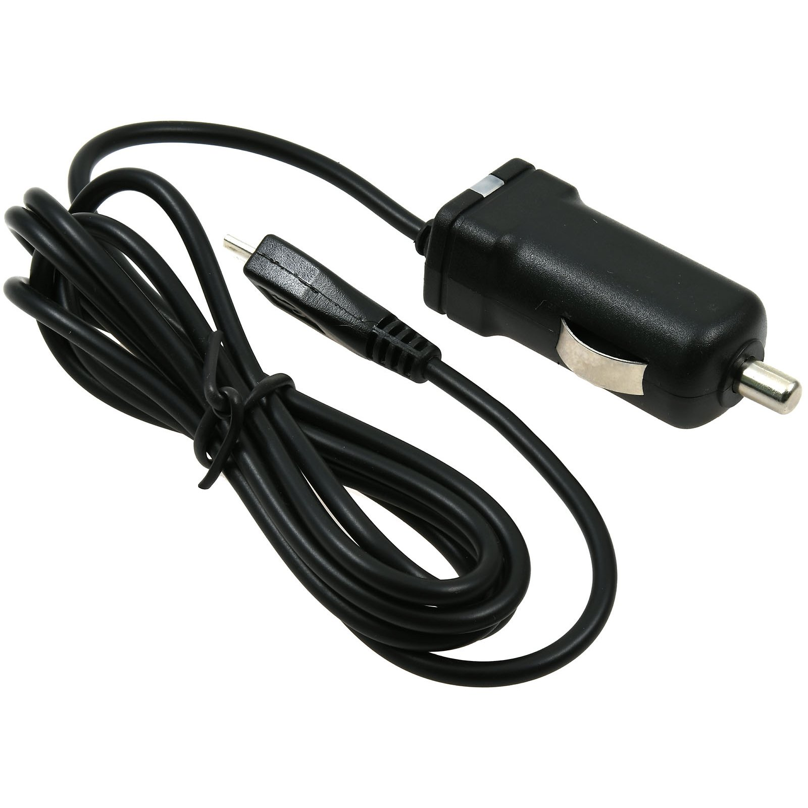 Cargador de coche negro con cable, sobre fondo blanco.