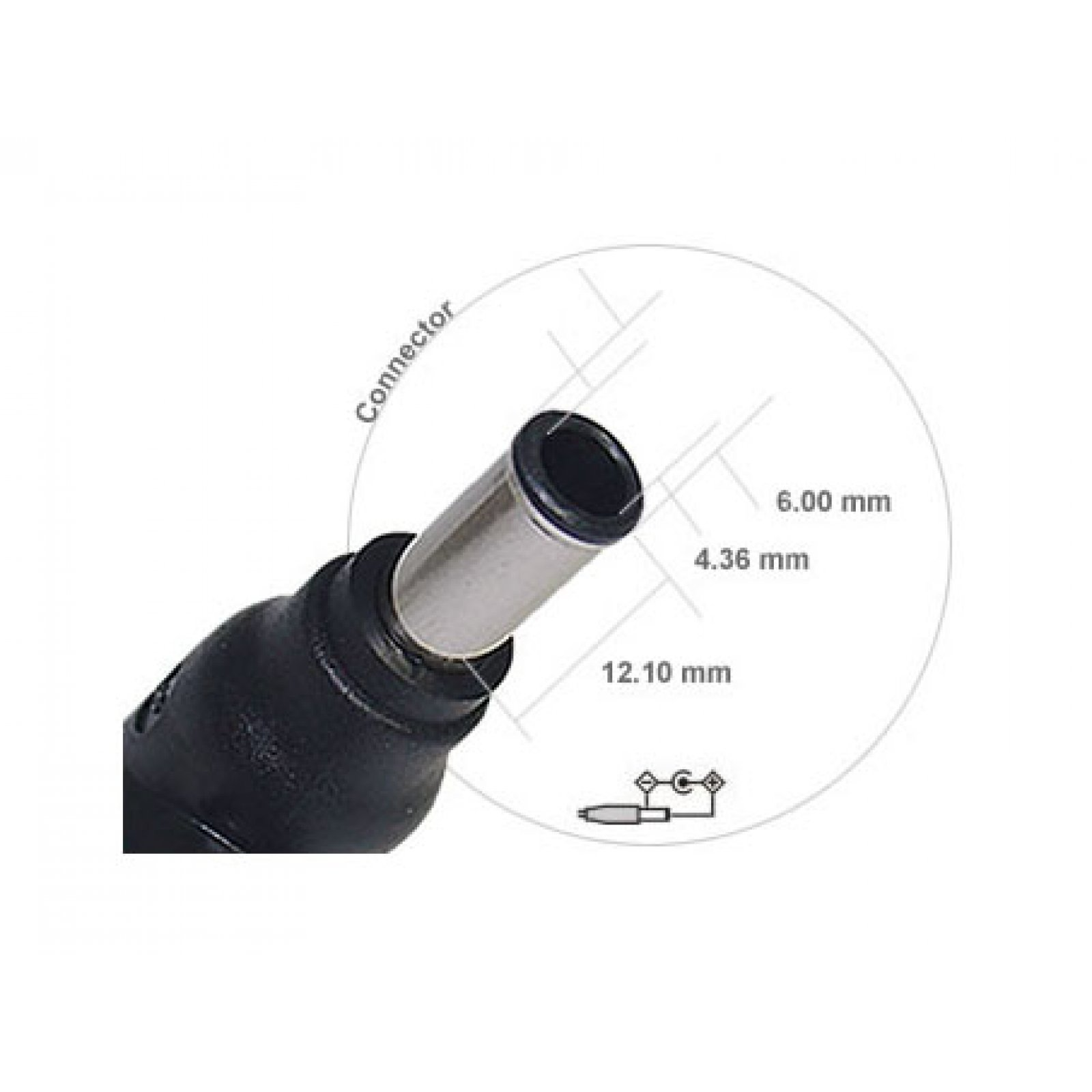 Conector de adaptador de corriente negro. El conector tiene una punta plateada y está rodeado por un círculo de medición blanco.