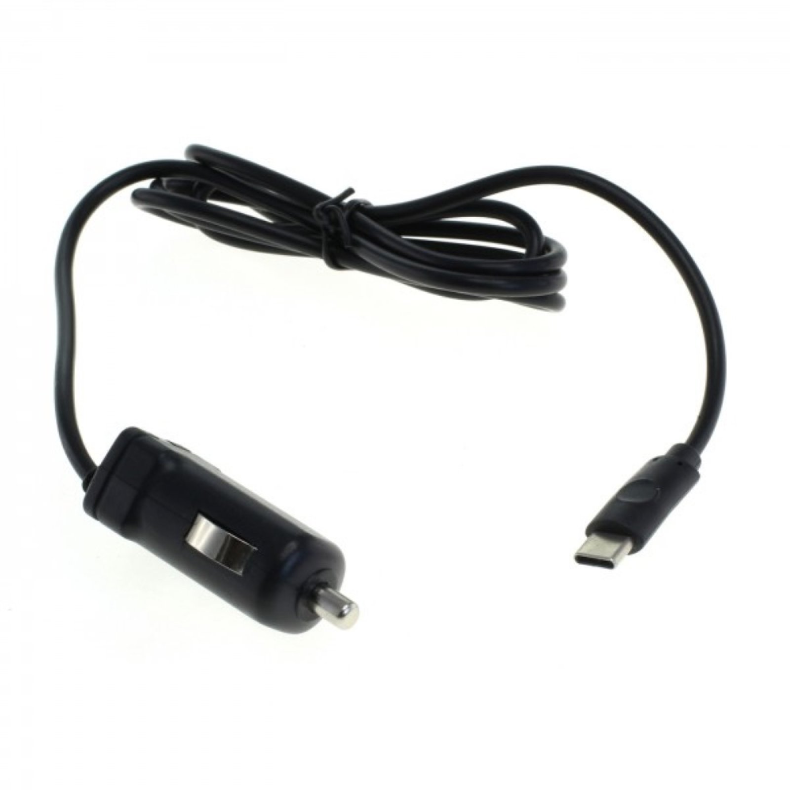 Cable cargador de coche negro con conector USB-C en un extremo y adaptador de coche en el otro.