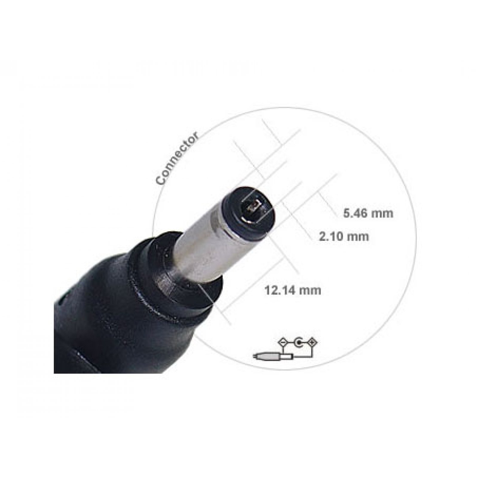 Primer plano del conector de alimentación de un portátil con dimensiones. Un círculo superpone el conector.
