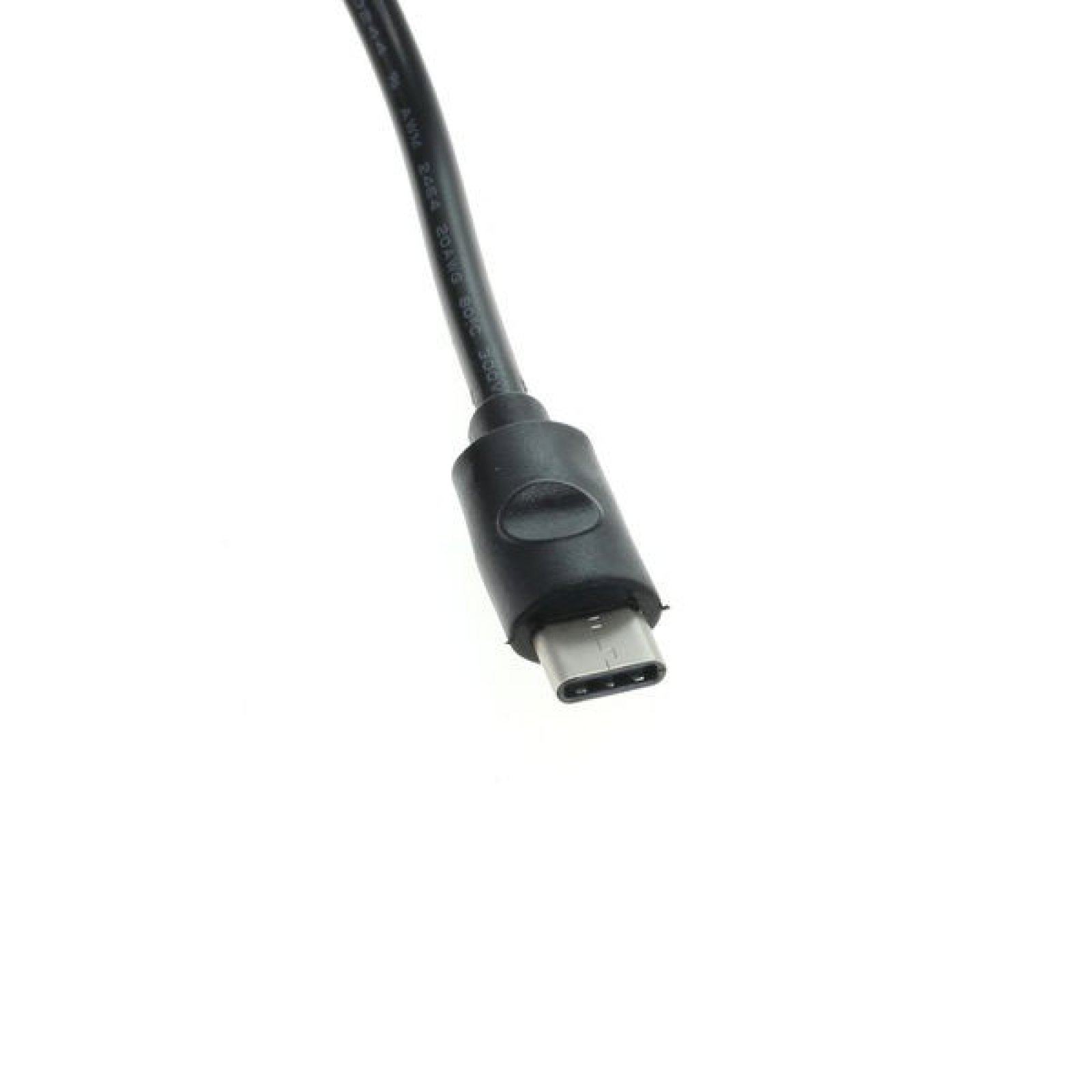 Conector de cable USB-C negro, primer plano sobre fondo blanco.