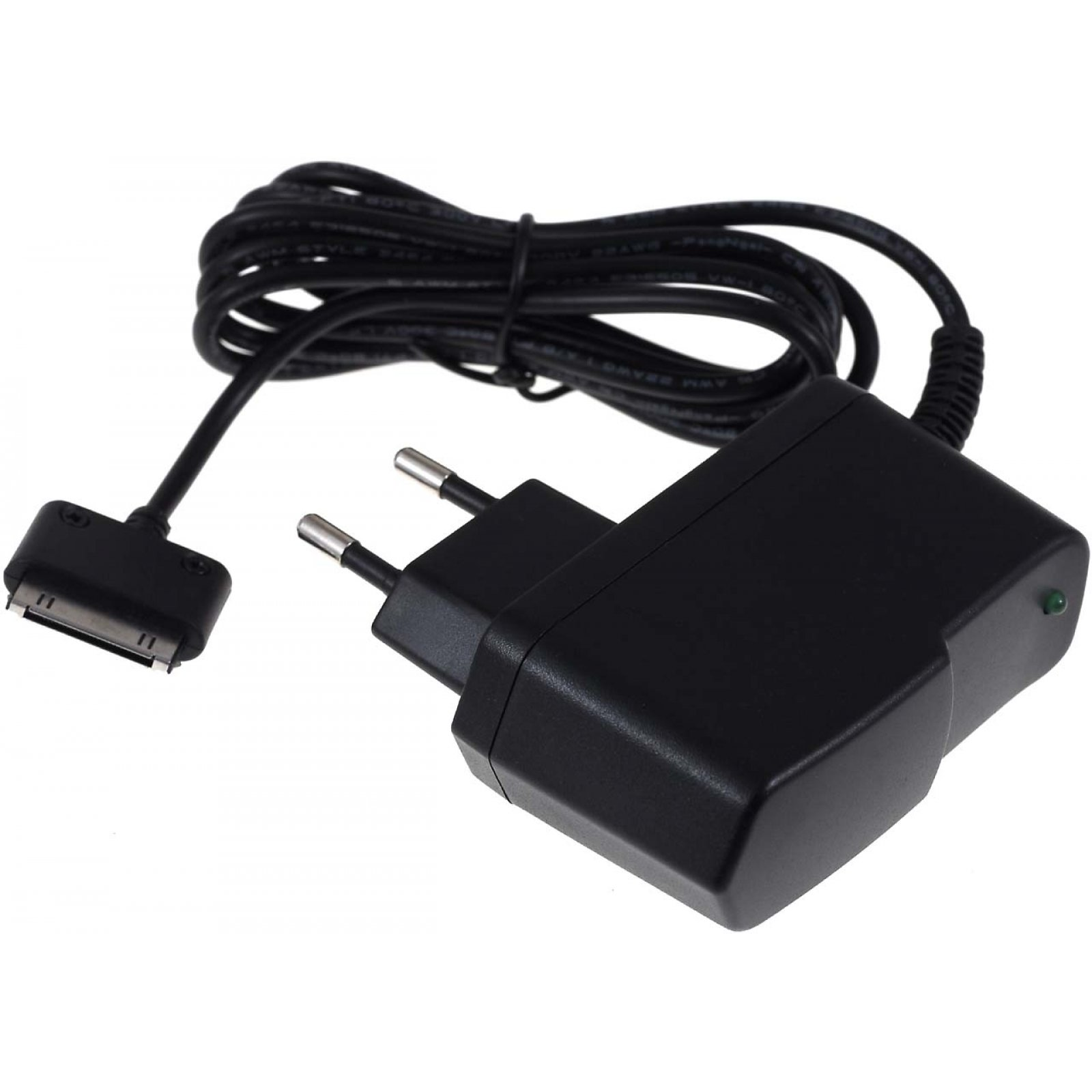 Cargador negro con cable y enchufe para un dispositivo electrónico.