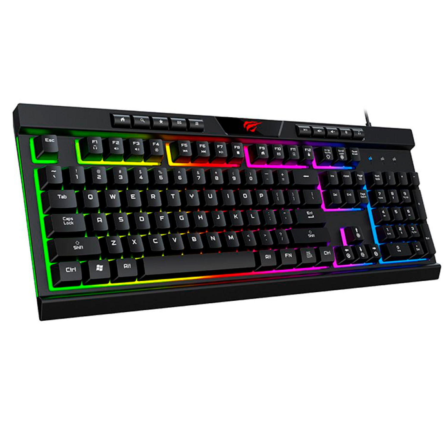 Teclado gaming negro con luces LED arcoíris. Teclas con letras, números y símbolos.