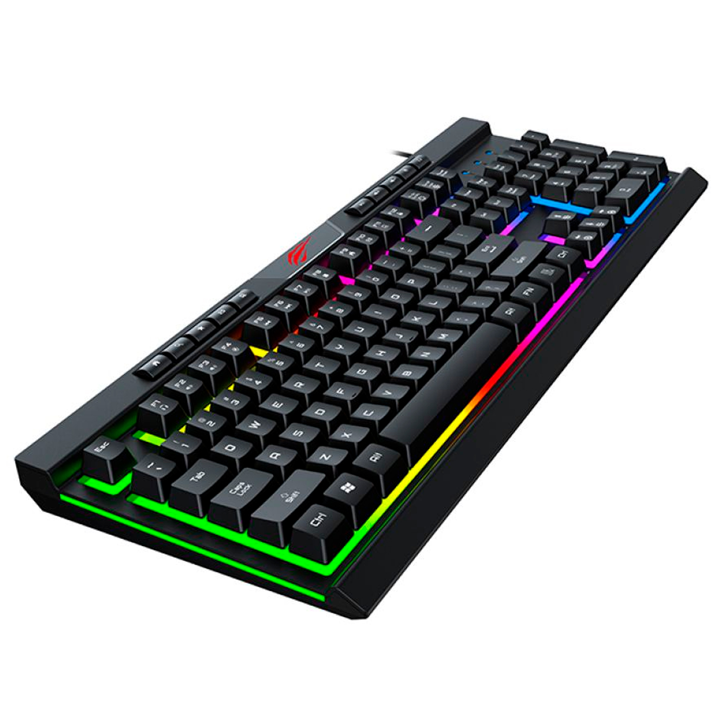 Teclado gaming negro con iluminación RGB. Las teclas son negras con letras blancas. Tiene cable.