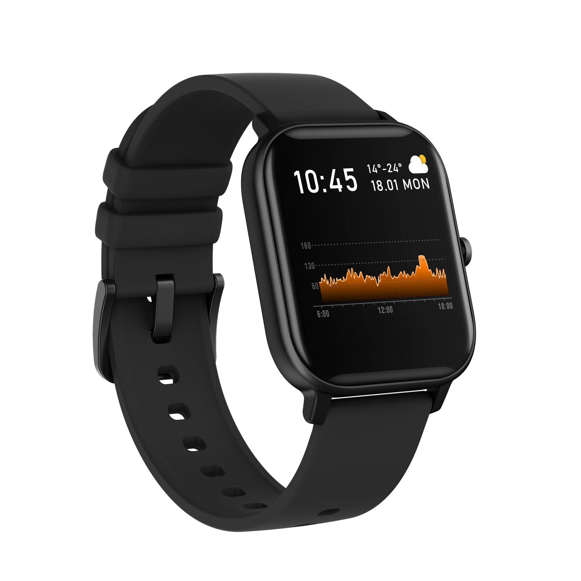 Schwarze Smartwatch mit schwarzem Armband, zeigt Zeit und Herzfrequenzdiagramm.
