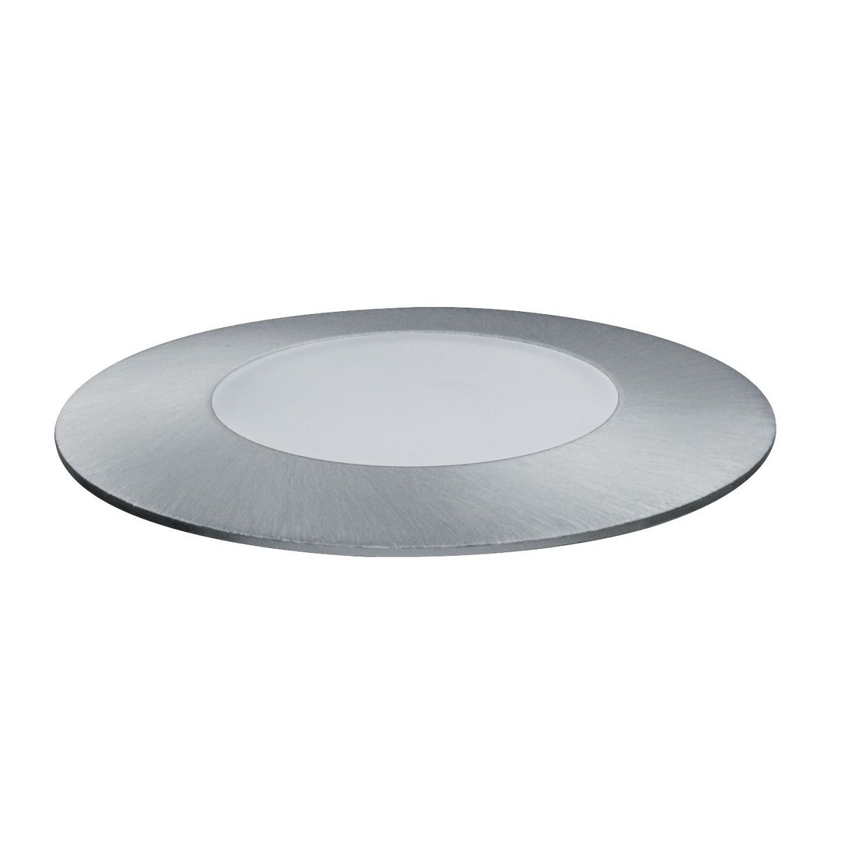 Srebrna okrągła lampa wpuszczana. Biały środek, szczotkowana metalowa krawędź.