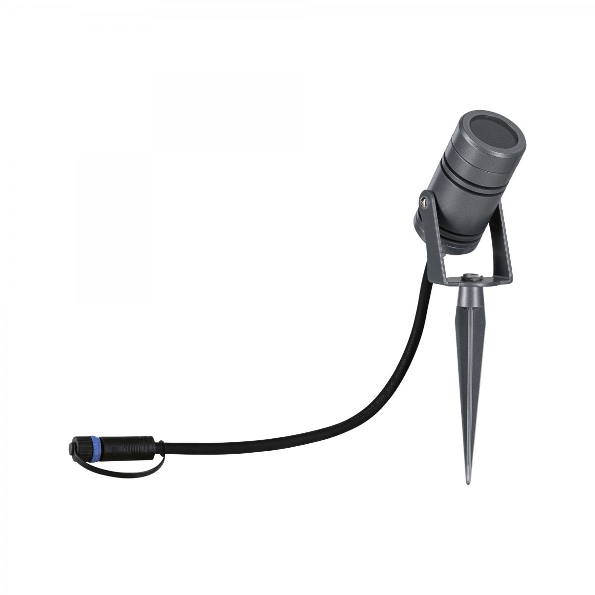 Schwarzer Outdoor-Spotlight mit Spike-Basis. Schwarzes Kabel und Stecker sind angebracht.