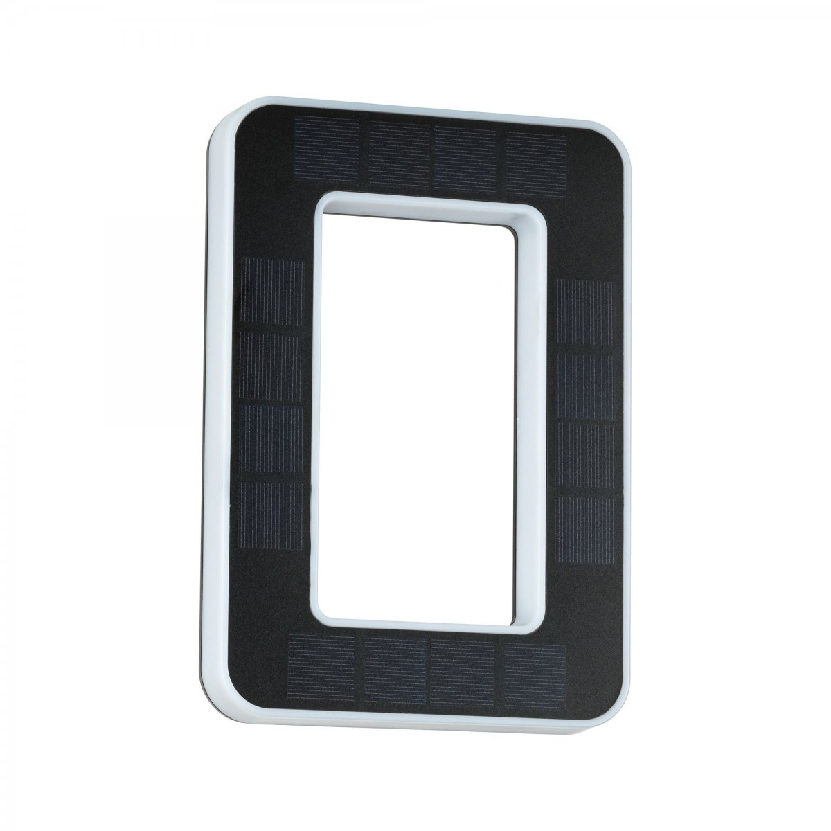 Prostokątna, czarno-biała lampa solarna. Kształt prostokąta z białą obwódką.