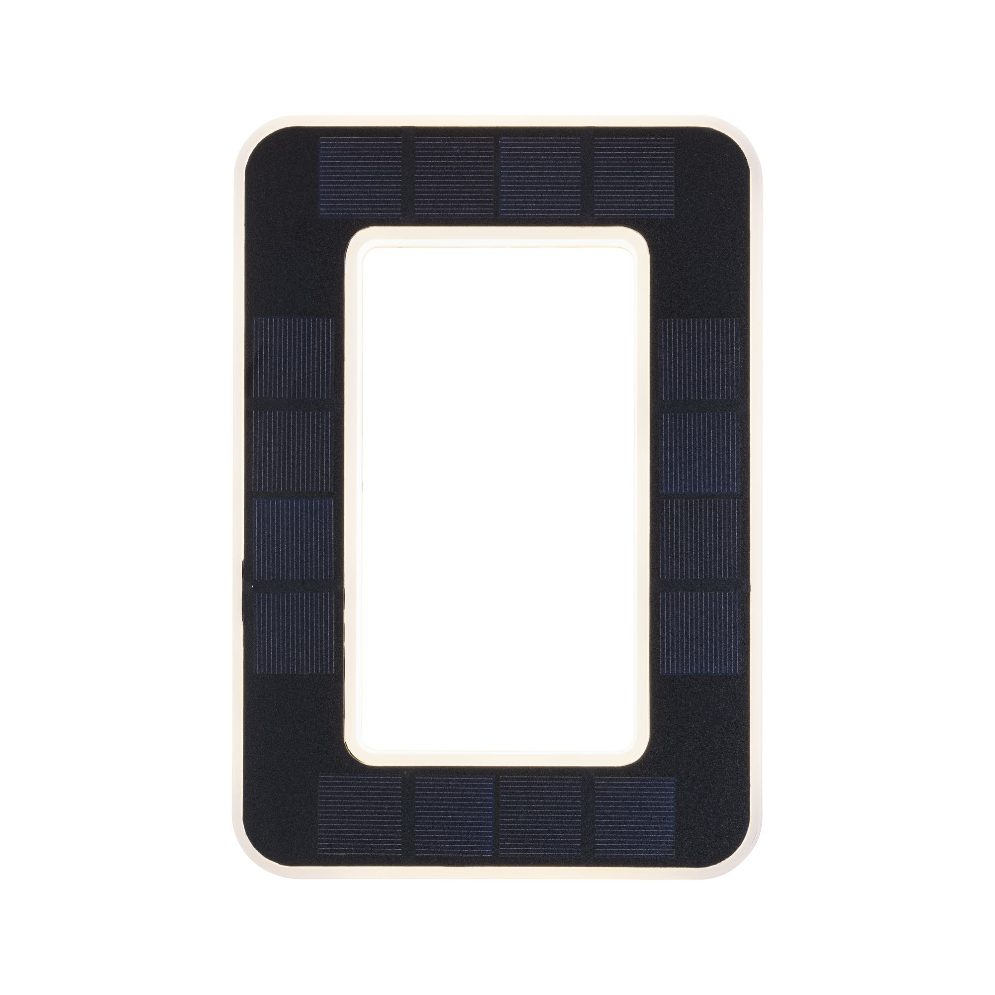 Prostokątna zewnętrzna lampa solarna z czarną ramą i białym obszarem światła.