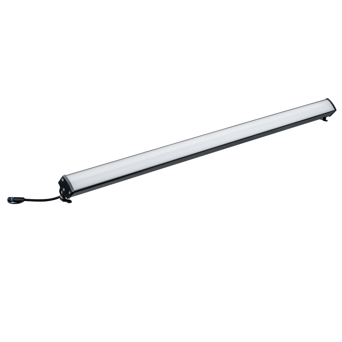 Eine lange, weiße LED-Lichtleiste. Sie hat einen schwarzen Rahmen und ein Kabel, das sich von einem Ende erstreckt.