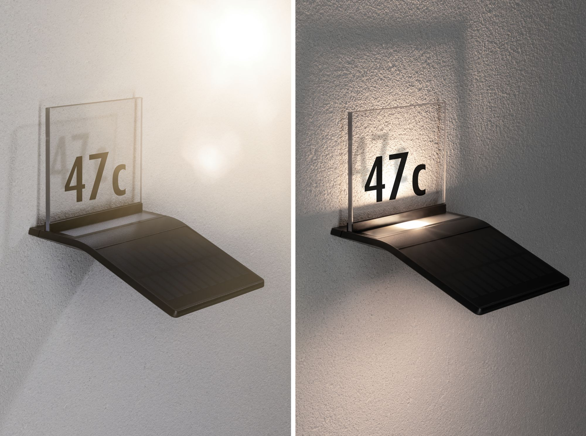 Dwa podświetlane znaki z numerem 47c, zamontowane na czarnych półkach. Szare tło ściany.