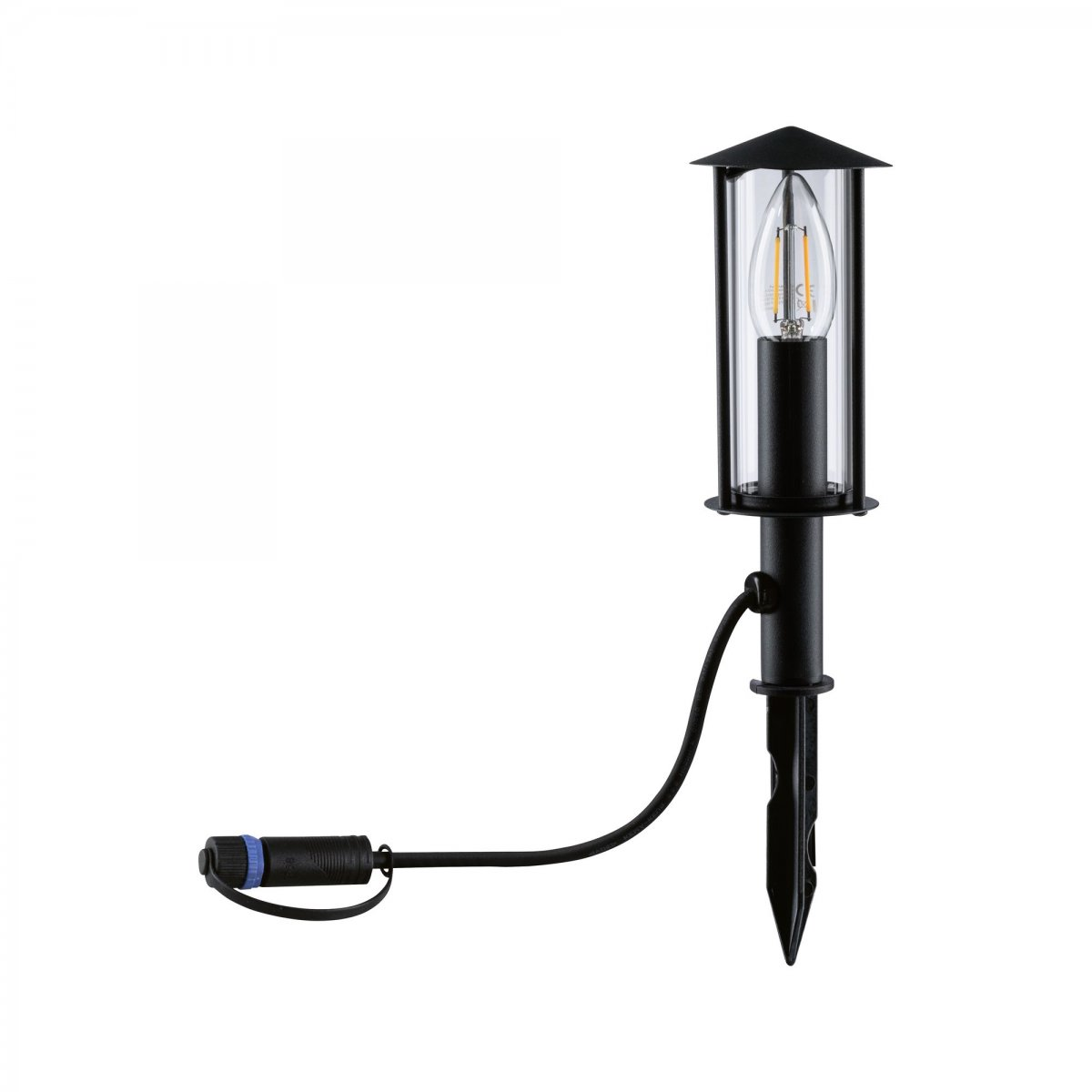 Eine schwarze Außenlampe mit klarer Glasabdeckung. Sie ist an einem schwarzen Pfosten montiert.