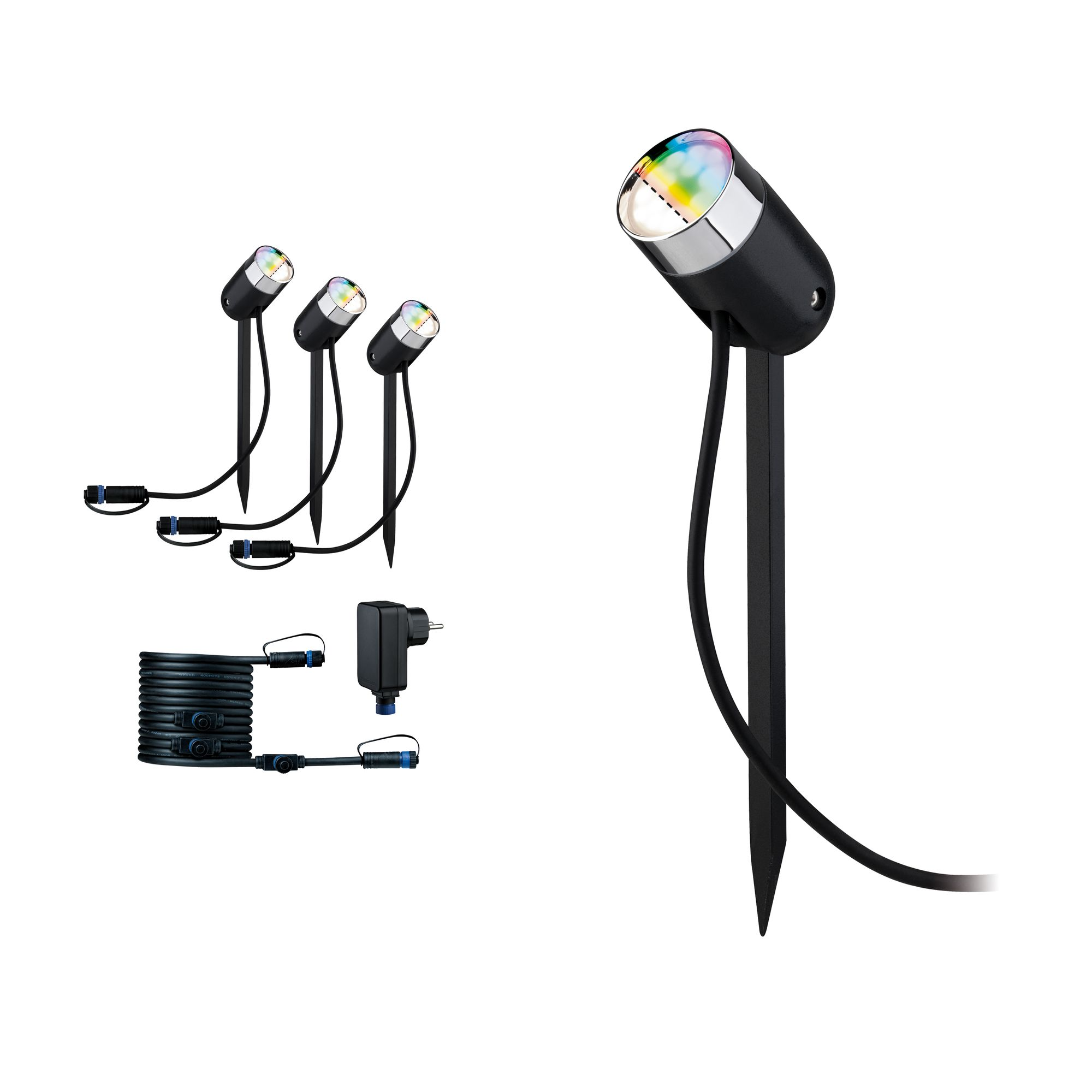 Outdoor-Strahler-Set, schwarz mit mehrfarbigem Licht, auf weiß.