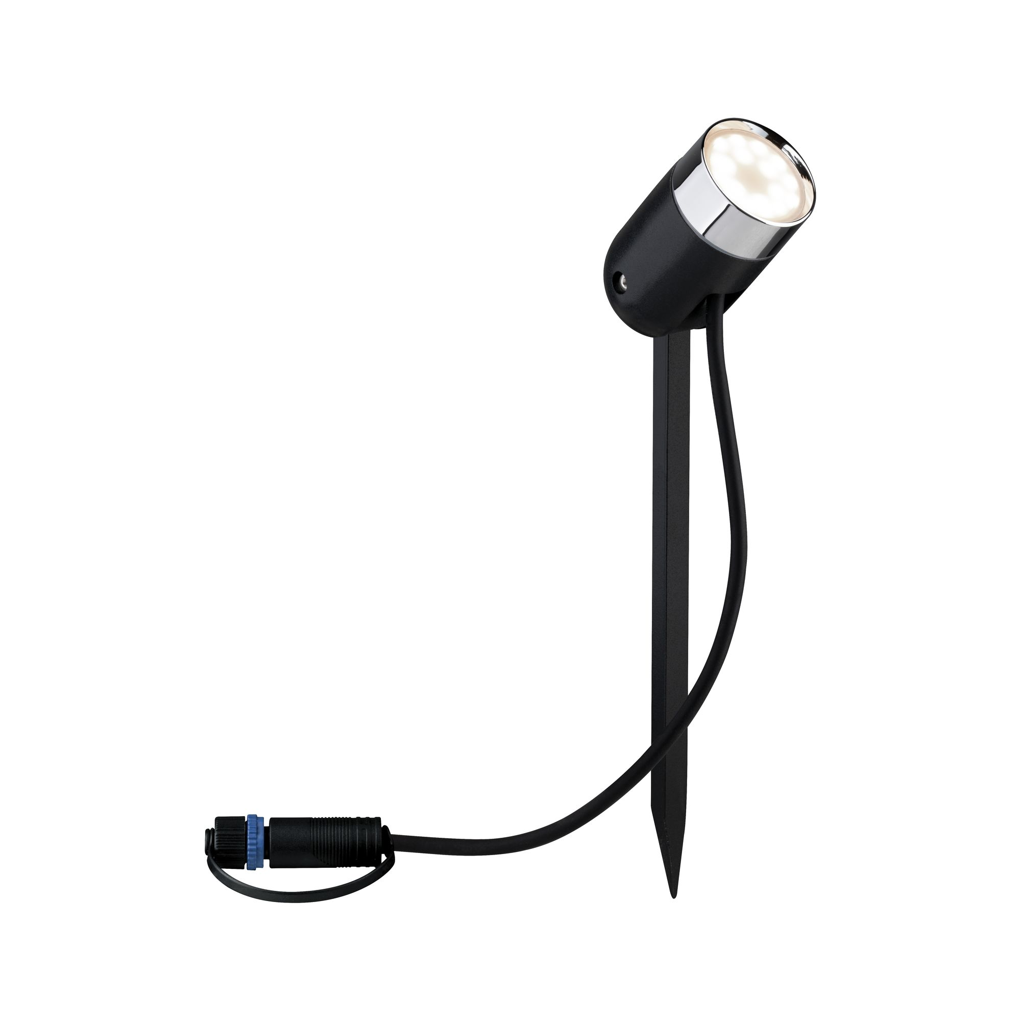 Schwarzer Außenstrahler mit Erdspieß und Kabel. Weißer Hintergrund.