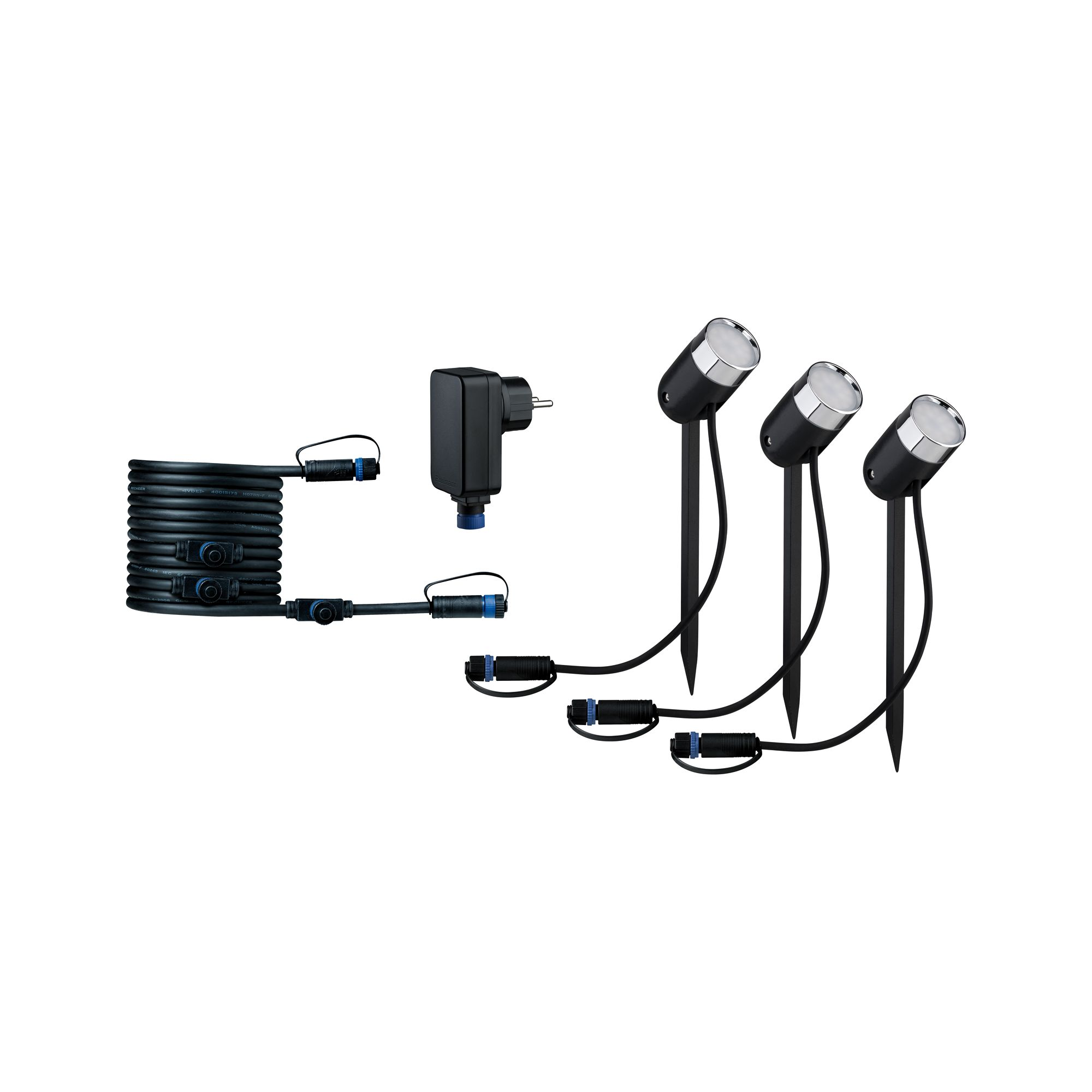 Ein Set aus drei schwarzen Außenstrahlern, Netzteil und einem gewickelten Kabel.