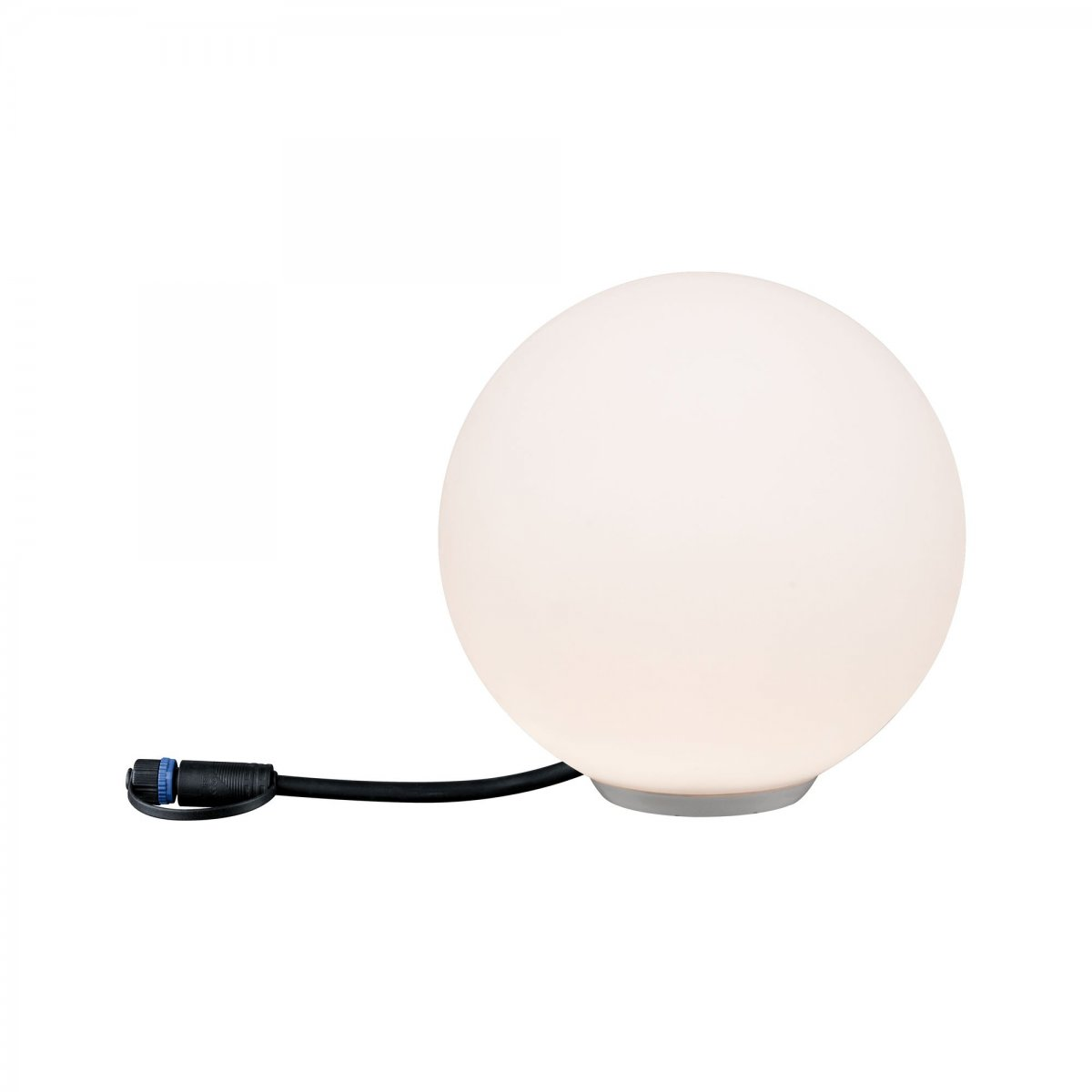 Una lampada da esterno a forma di sfera bianca con cavo nero.