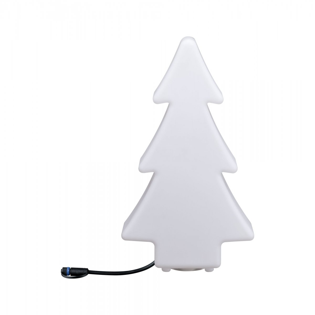 Weißes Weihnachtsbaum-Licht mit schwarzem Netzkabel. Vor weißem Hintergrund beleuchtet.