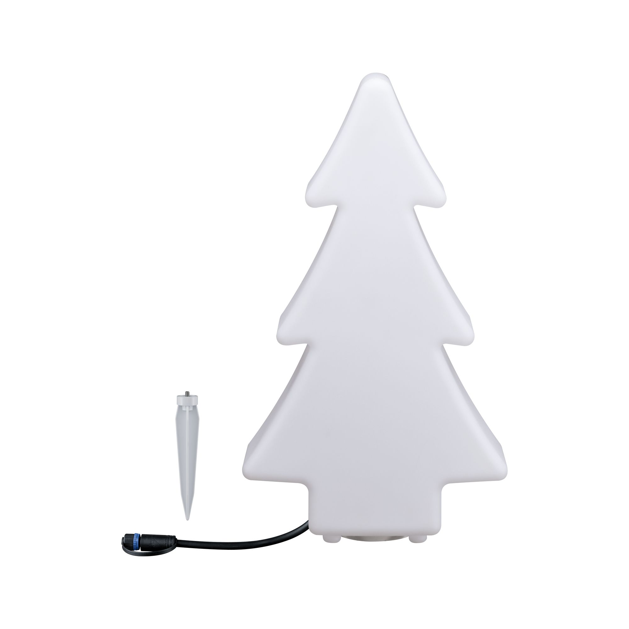 Weißes, weihnachtsbaumförmiges Licht mit Erdspieß, schwarzem Kabel, isoliert auf Weiß.