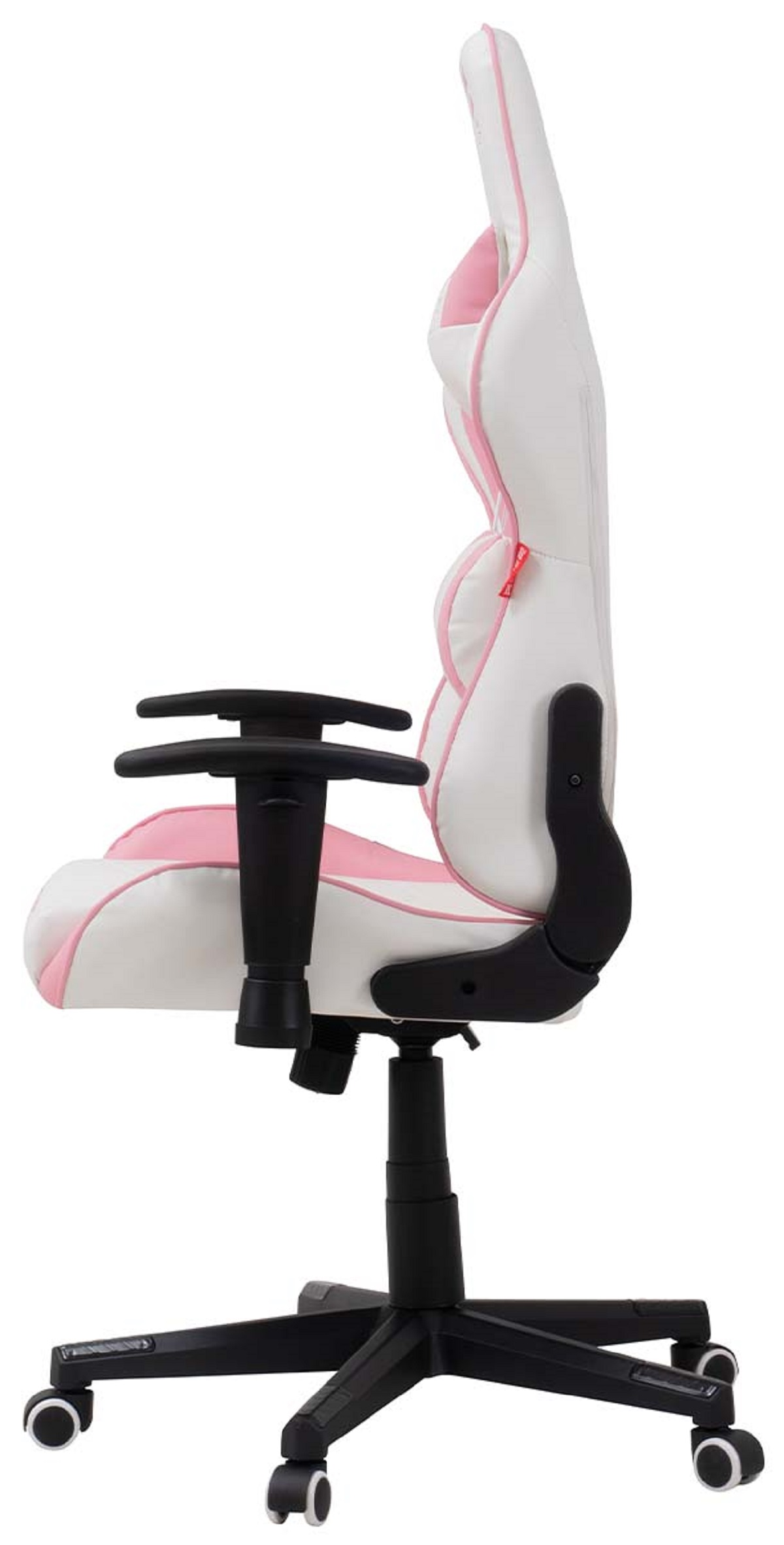 Weiß-rosa Gaming-Stuhl von der Seite. Mit Armlehnen, schwarzem Fuß und Rollen.