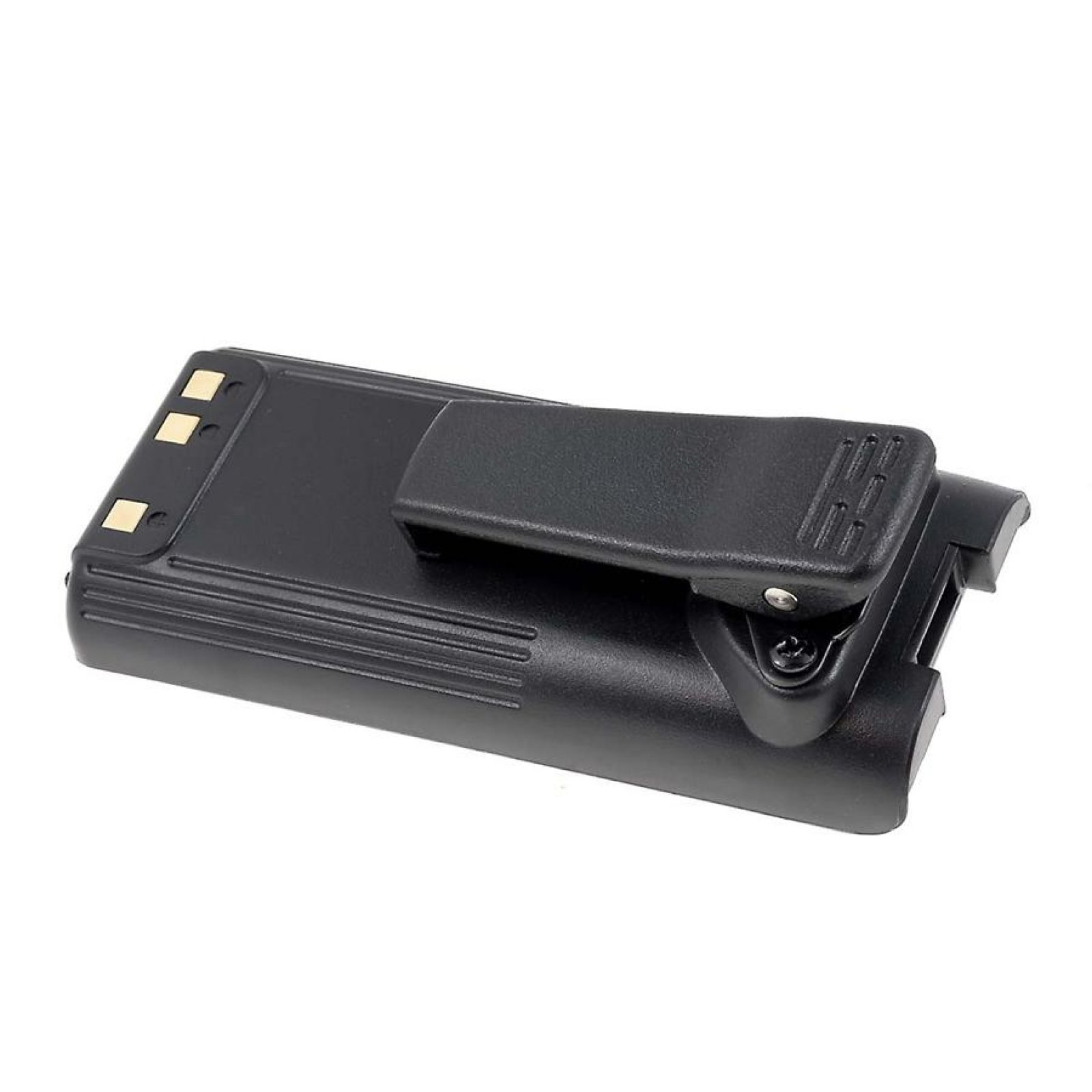 Batería rectangular negra con un clip negro. Dos contactos dorados en la parte superior. Fondo blanco.