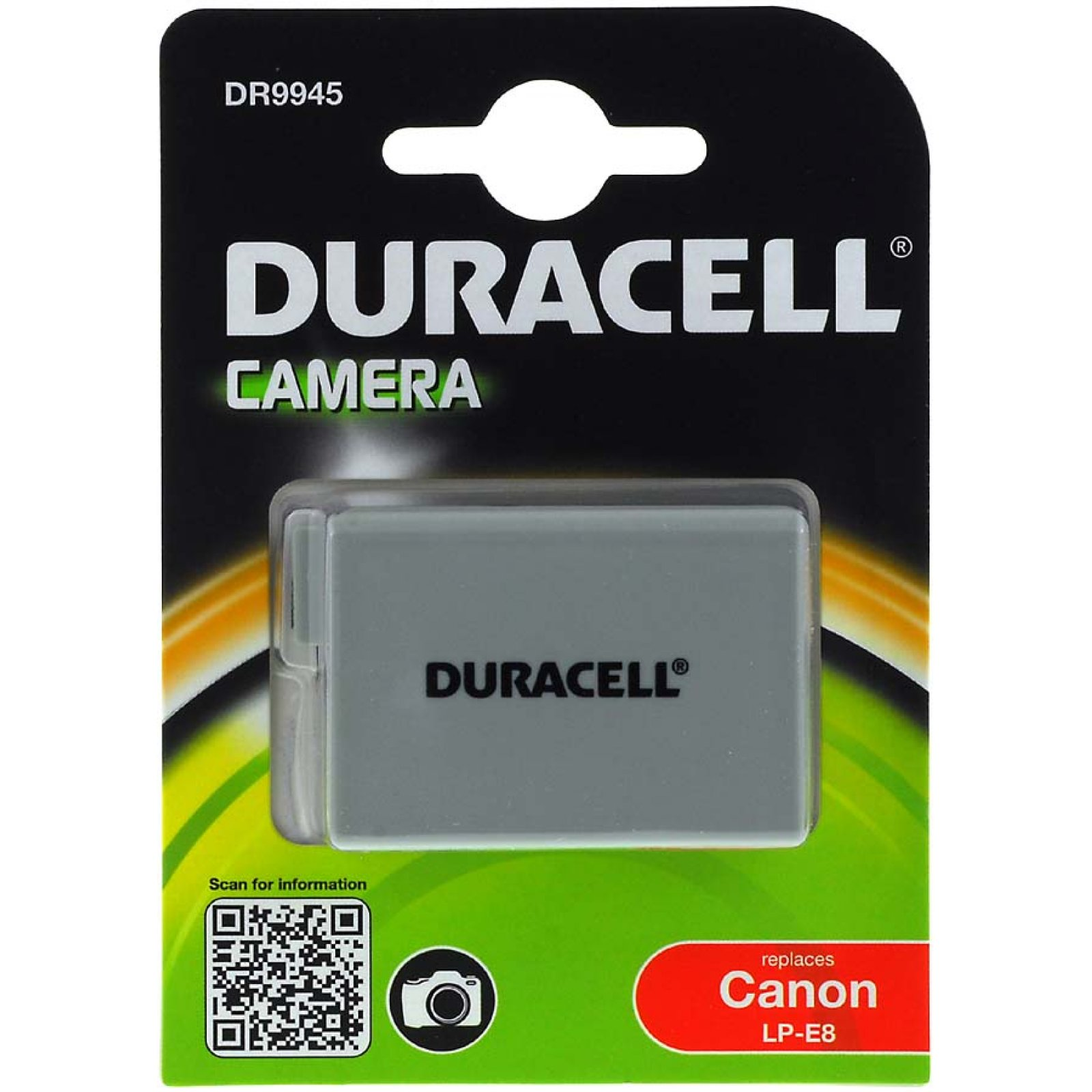 Paquete de batería Duracell para cámara, con batería y paquete visibles.