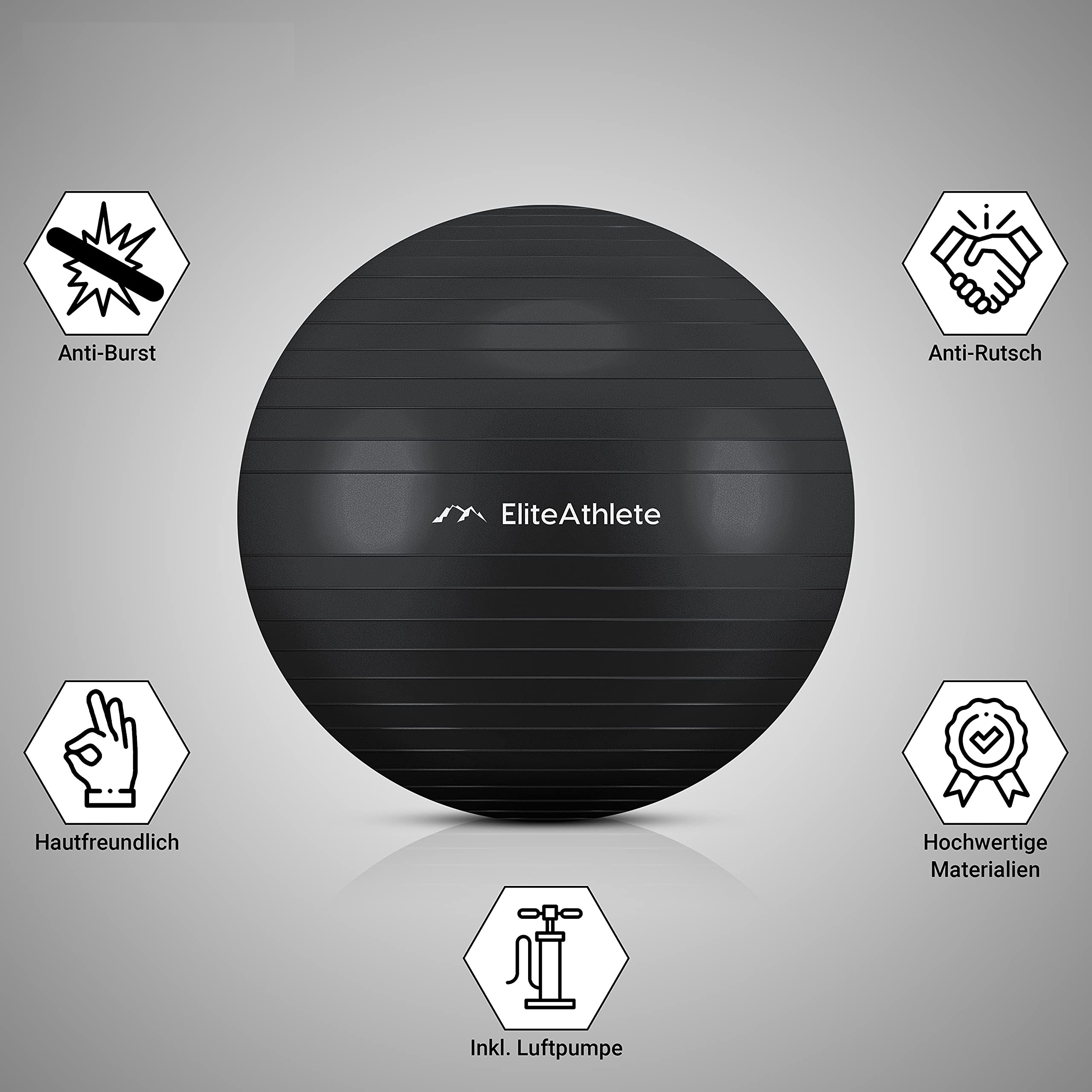 Schwarzer Gymnastikball mit Symbolen. Weißer Hintergrund. EliteAthlete-Markenlogo.