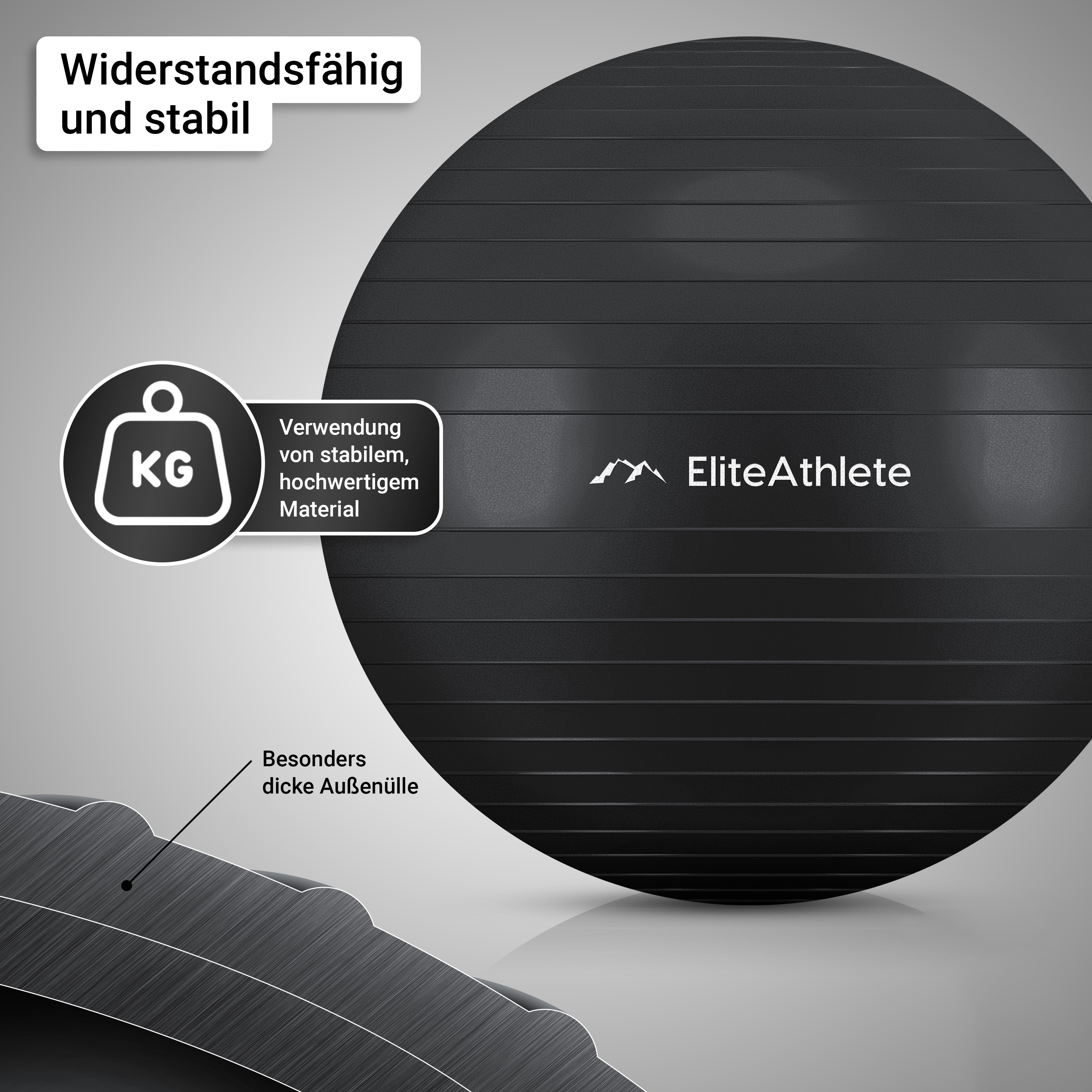 Ein schwarzer Gymnastikball mit Text und Diagramm im Fokus. Der Hintergrund ist unscharf.