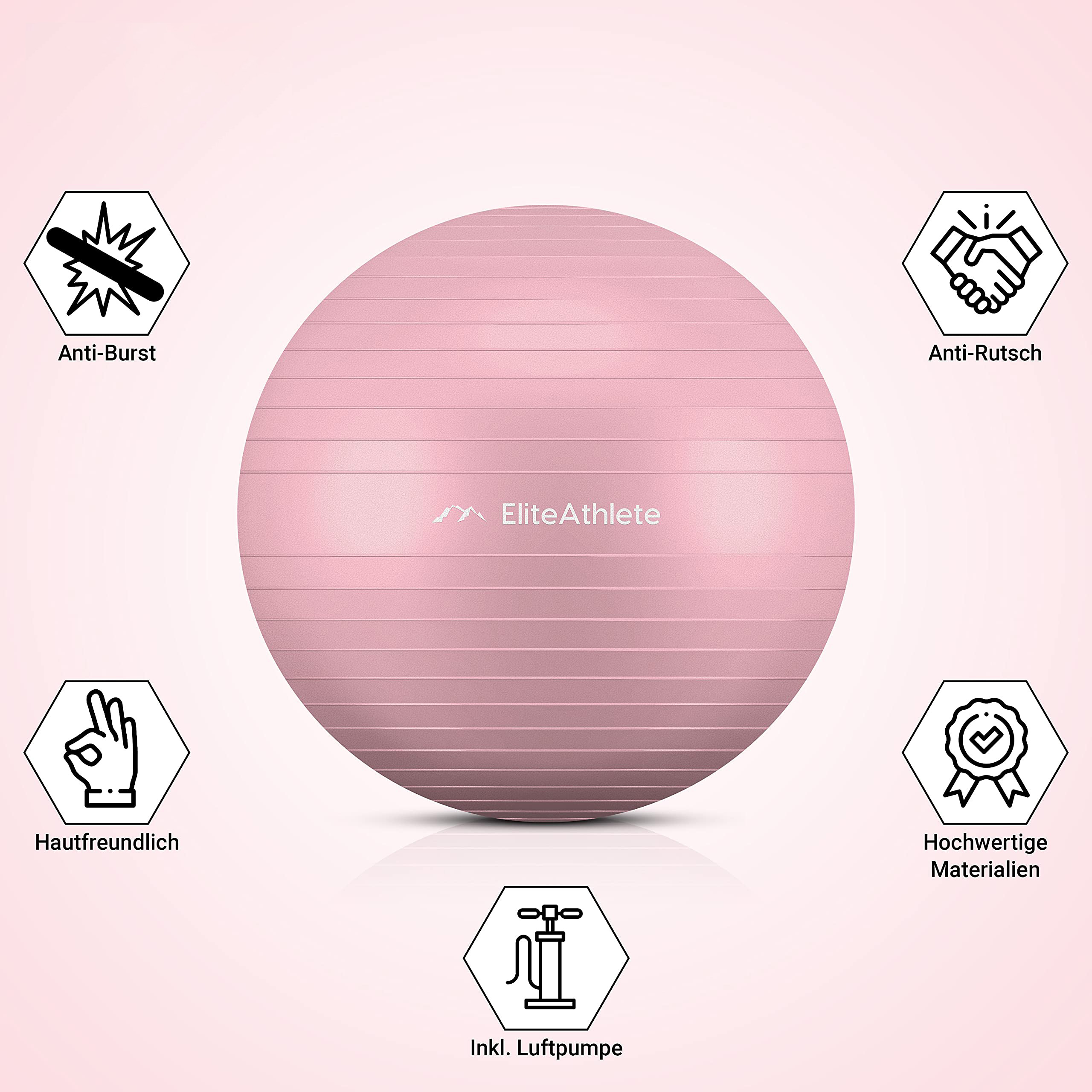 Pinker Gymnastikball mit dem EliteAthlete-Logo und Icons der Eigenschaften darum.
