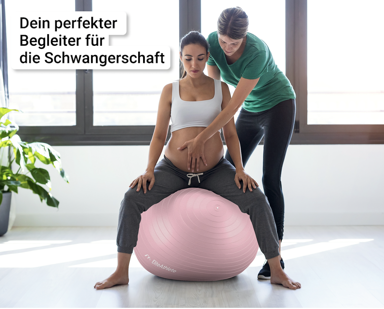 Eine schwangere Frau auf einem rosa Gymnastikball, mit einer helfenden Frau.
