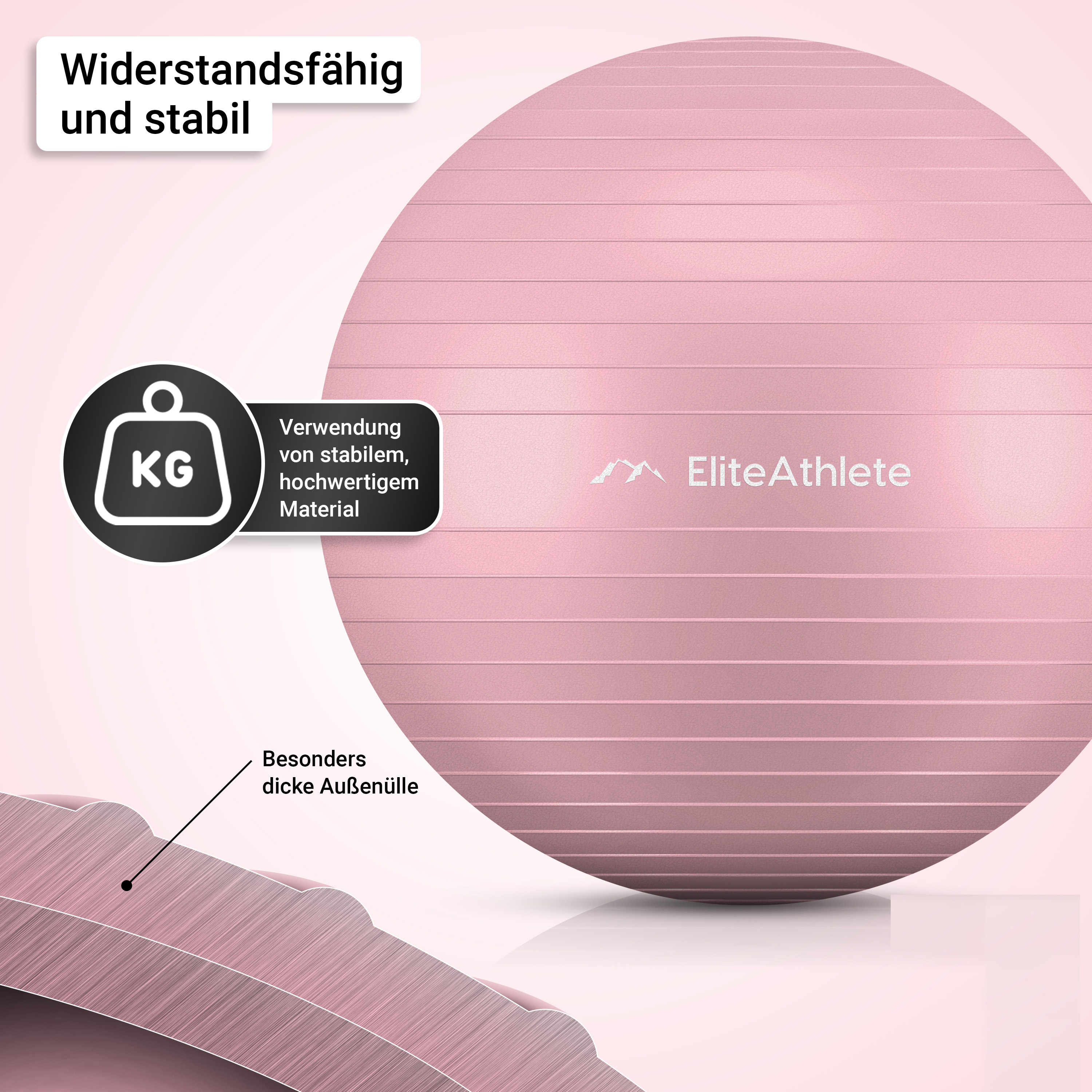 Rosa Gymnastikball mit Textetiketten. Ein Diagramm zeigt die Schichten und Text hebt die wichtigsten Merkmale hervor.