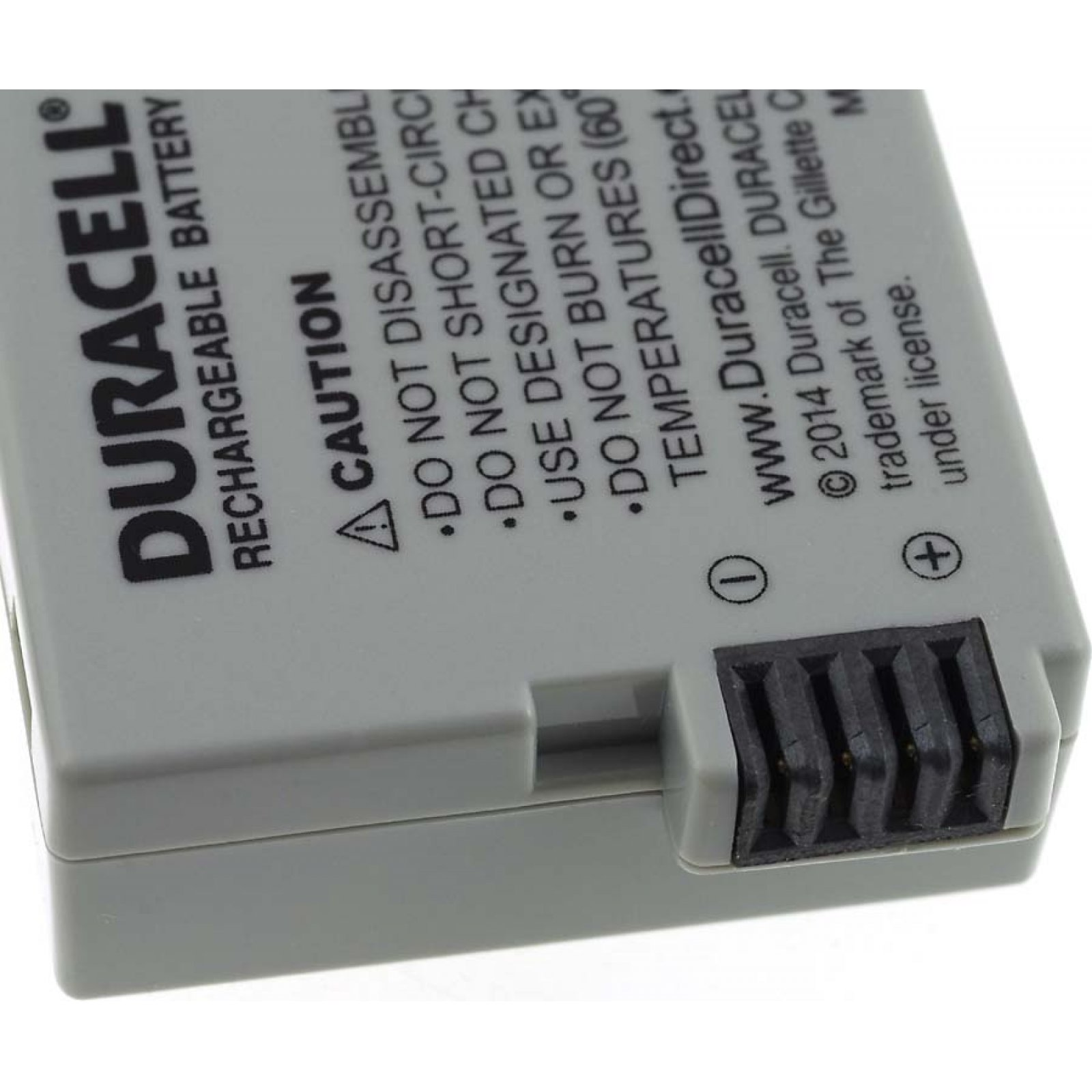 Batería recargable Duracell gris con etiquetas de precaución y pines.