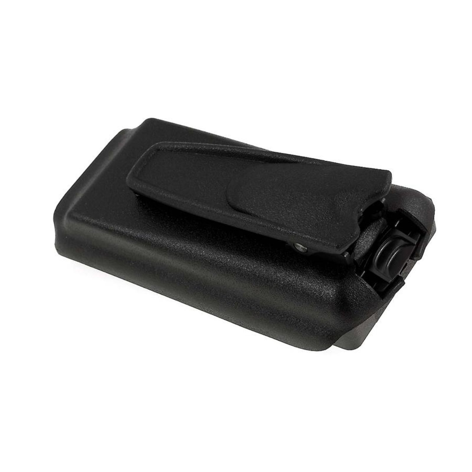 Funda de teléfono negra con clip para cinturón. El clip está abierto.