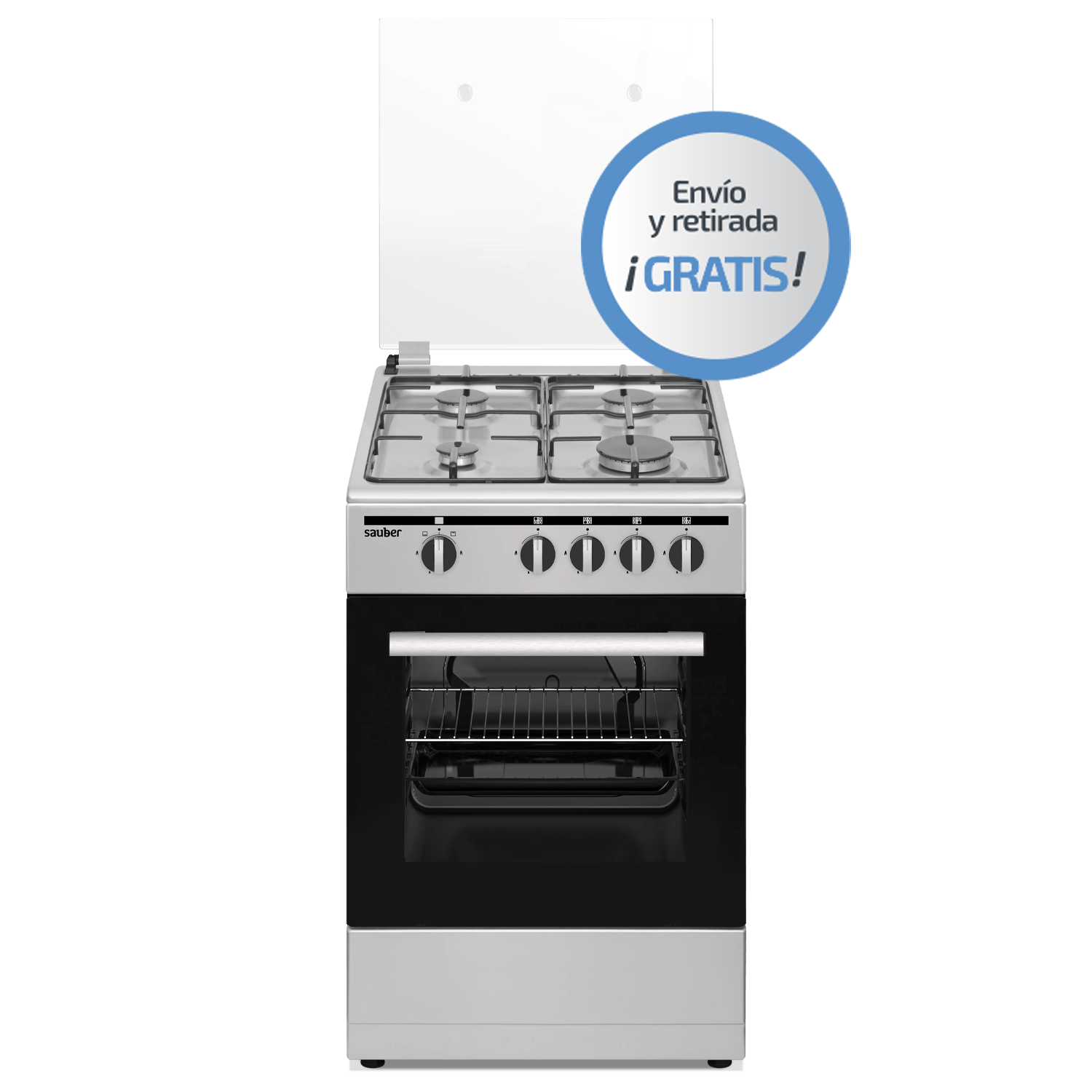 Cocina - SCI4GN, 4 Quemadores, Horno, Gas Natural SAUBER, 60 l, 49,8 cm, Gris