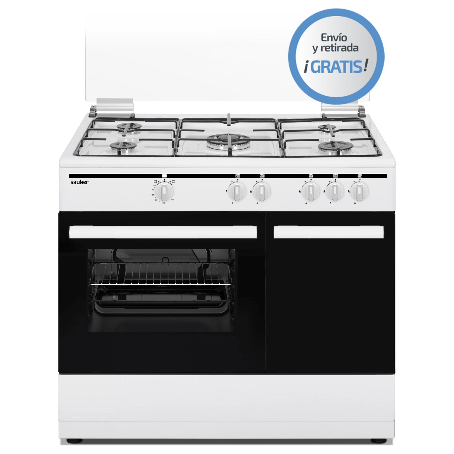 Cocina - SCW5GB, 5 Quemadores, Horno, Gas Butano SAUBER, 60 l, 89,8 cm, Blanco