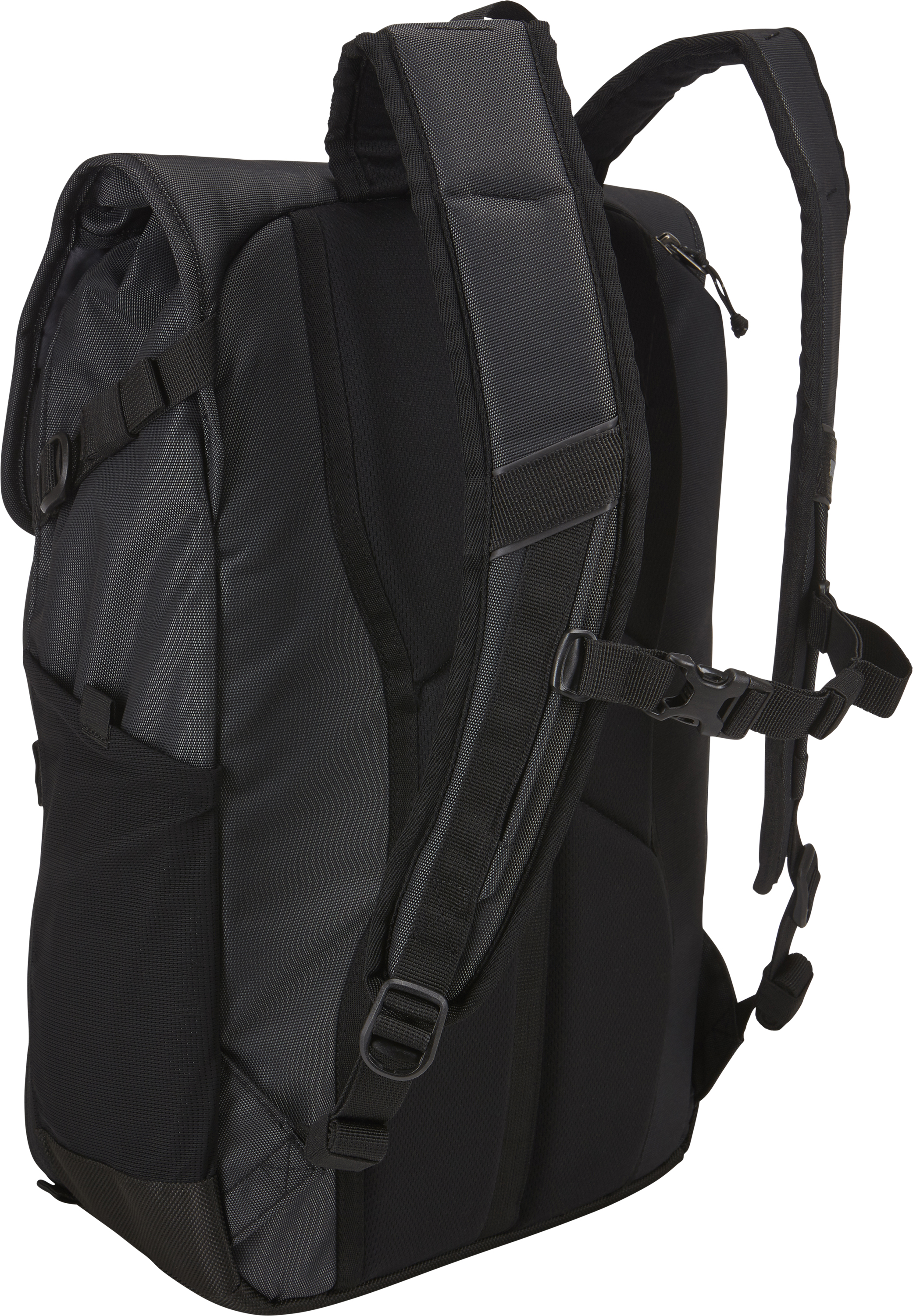 Rucksack mit schwarzem und grauem Design, Seitenansicht.